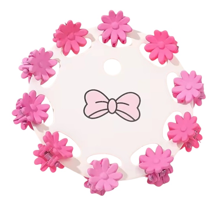 Clesti de par, set 10 bucati, model minimalist, prindere puternica, floricele delicate, M2, tematica happy life, roz inchis, EFAYN