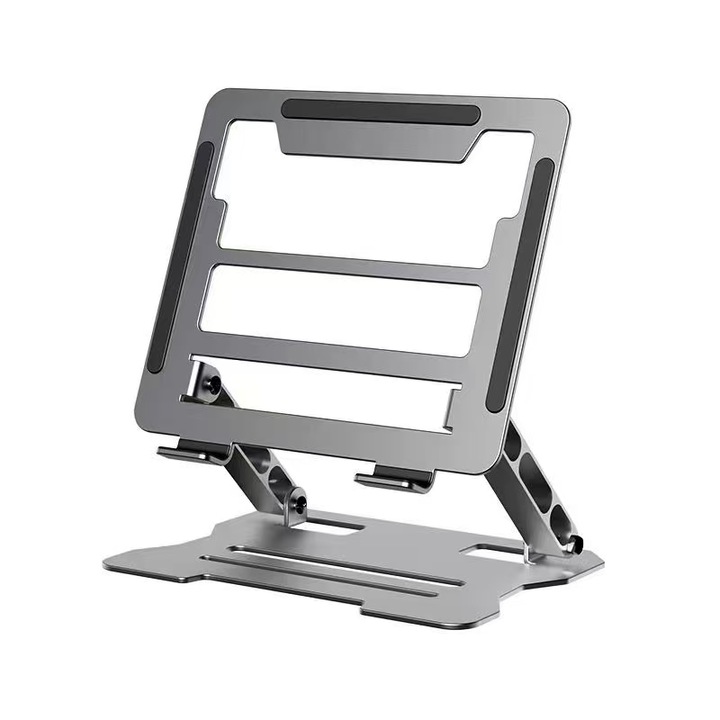 Suport ergonomic si portabil pentru laptop si tableta, reglabil, pliabil, din otel carbon si silicon antiderapant, compatibil cu laptopuri de 10-17", culoare argintie