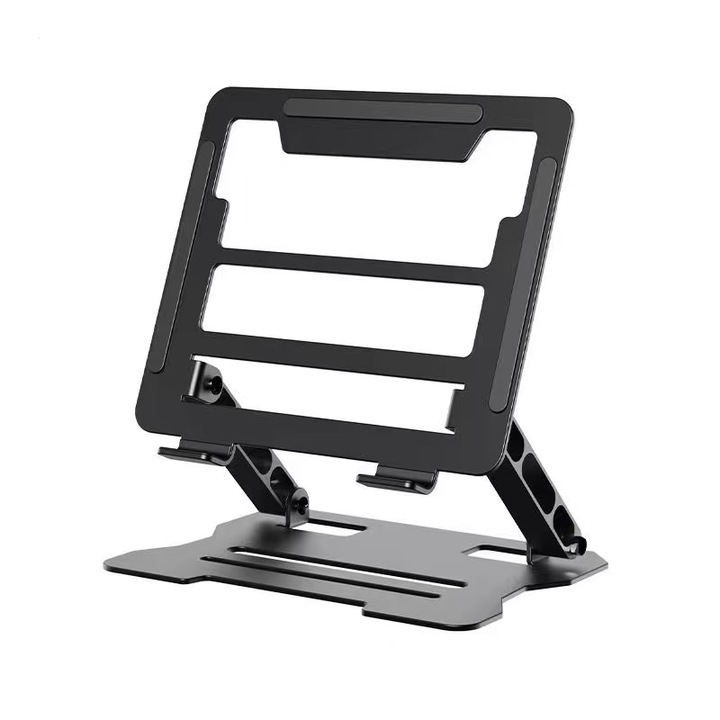 Suport ergonomic si portabil pentru laptop si tableta, reglabil, pliabil, din otel carbon si silicon antiderapant, compatibil cu laptopuri de 10-17", negru