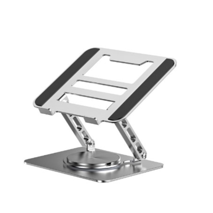 Suport ergonomic si portabil pentru laptop si tableta, Suporta rotatie de 360°, reglabil, pliabil, din otel carbon si silicon antiderapant, compatibil cu laptopuri de 10-17", culoare argintie