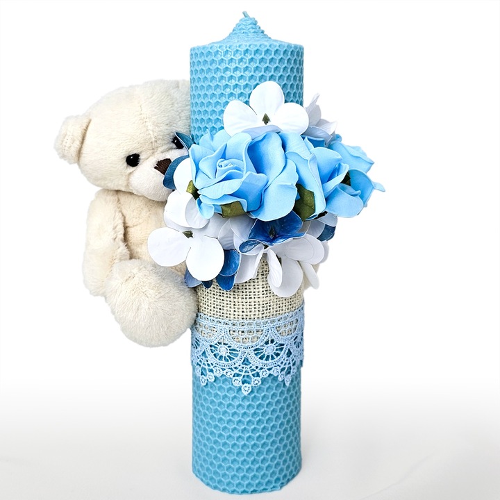 Lumanare Botez din Ceara Naturala LoreBebe, model "Pufosul Ursulet", culoare Bleumarin