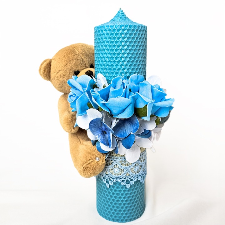 Lumanare Botez din Ceara Naturala LoreBebe, model "Ursulet Dragalas", culoare Bleumarin