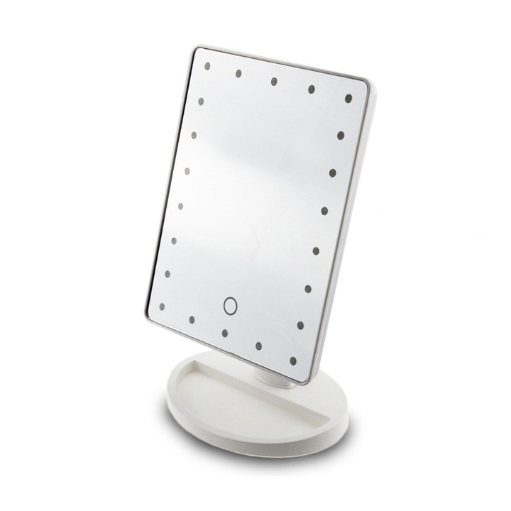 Kozmetikai tükör, LED lámpák, intelligens érintőképernyő, 170°-ban elforgatható, USB töltés, HD, hordozható, fehér