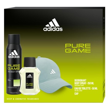Set cadou Adidas Pure Game: Apa de toaleta, 50 ml + Dedorant, 150 ml + Sapca