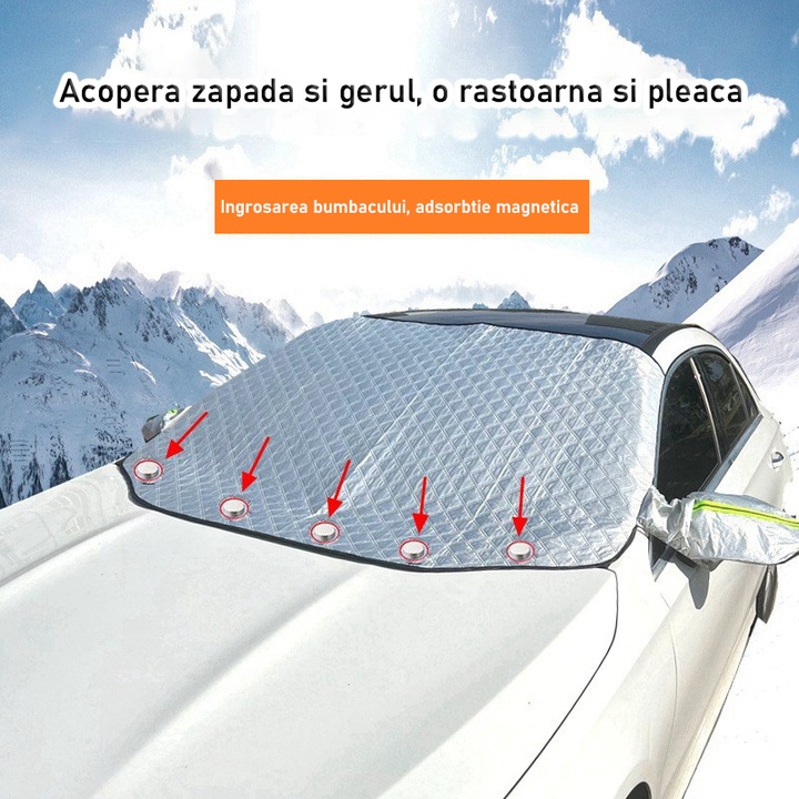 Fudisenn® autó roló tükörborítással, fényvisszaverő csíkokkal, fagy- és hótakaróval, 5 mágnessel, univerzális, 193x126 cm, szélvédő és tükör védelemre