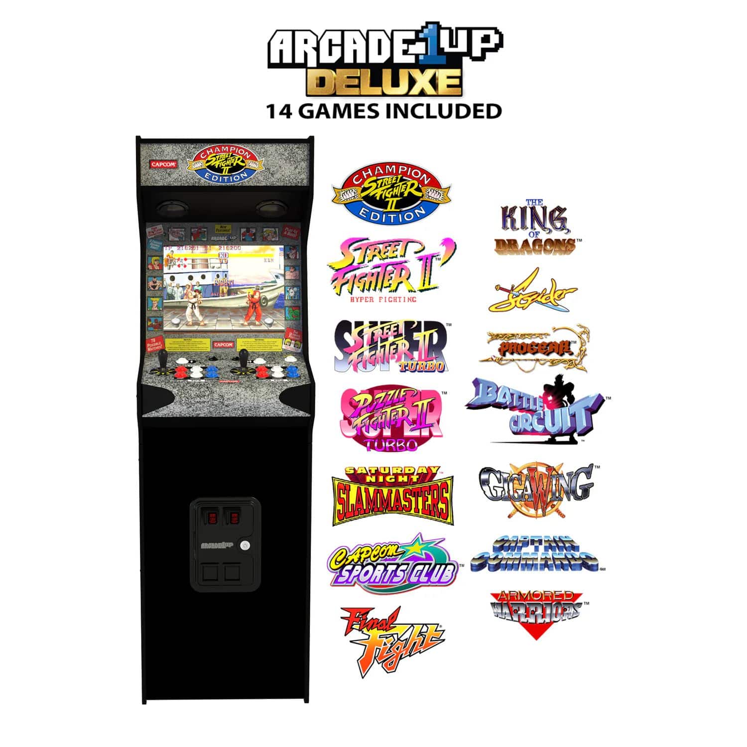 Consola verticala 14 jocuri ARCADE1UP, Street Fighter™ II Deluxe, H 155 cm, display color 17 inch, iluminare Marquee, difuzor extern, volum ajustabil, protectie anti-rasturnare, comenzi arcade real-feel, multicolor
