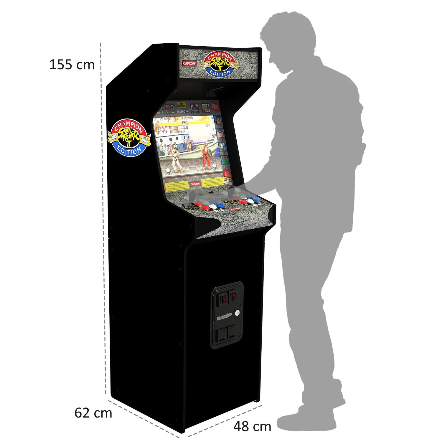 Consola verticala 14 jocuri ARCADE1UP, Street Fighter™ II Deluxe, H 155 cm, display color 17 inch, iluminare Marquee, difuzor extern, volum ajustabil, protectie anti-rasturnare, comenzi arcade real-feel, multicolor