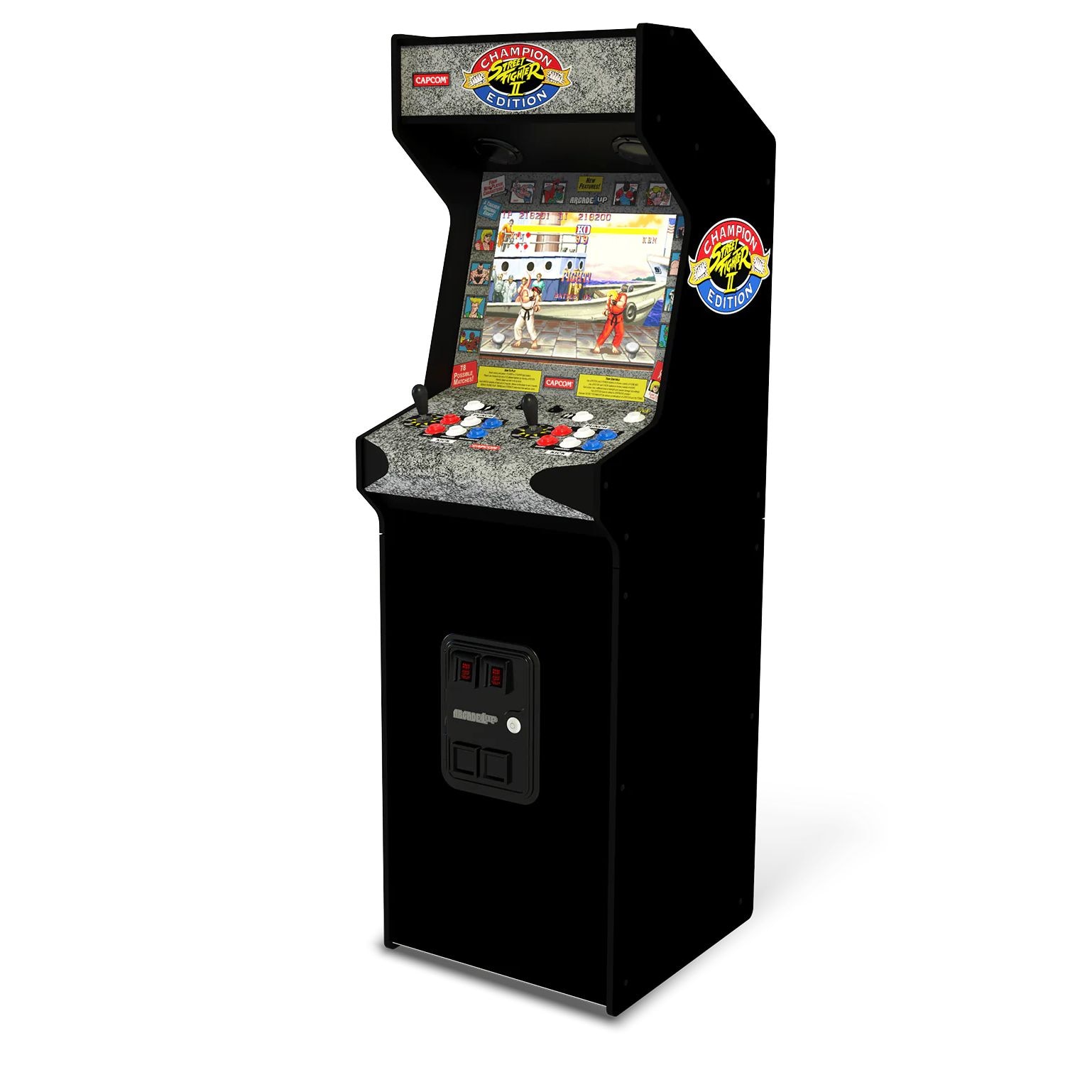 Consola verticala 14 jocuri ARCADE1UP, Street Fighter™ II Deluxe, H 155 cm, display color 17 inch, iluminare Marquee, difuzor extern, volum ajustabil, protectie anti-rasturnare, comenzi arcade real-feel, multicolor