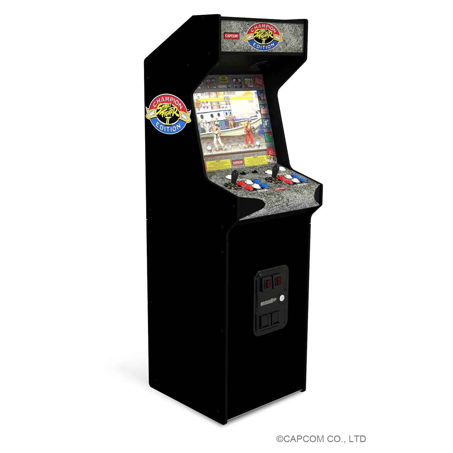 Consola verticala 14 jocuri ARCADE1UP, Street Fighter™ II Deluxe, H 155 cm, display color 17 inch, iluminare Marquee, difuzor extern, volum ajustabil, protectie anti-rasturnare, comenzi arcade real-feel, multicolor