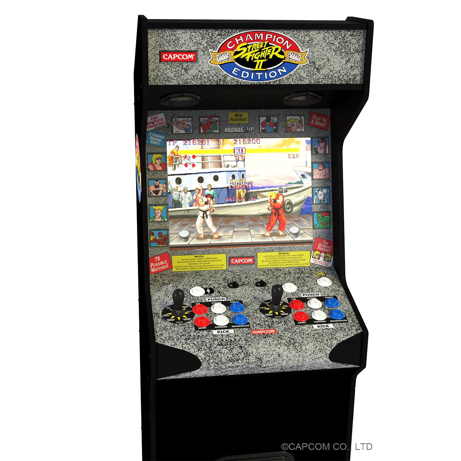 Consola verticala 14 jocuri ARCADE1UP, Street Fighter™ II Deluxe, H 155 cm, display color 17 inch, iluminare Marquee, difuzor extern, volum ajustabil, protectie anti-rasturnare, comenzi arcade real-feel, multicolor