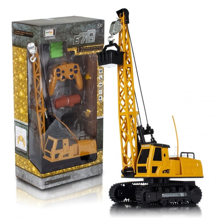 Електрическа играчка кран с дистанционно управление "ISP LikeSmart Crawler Crane", LED светлини, звуци, акумулаторна NiMh 4, 8V 300mAh батерия, гумени вериги, въртене на 360°, кабел за презареждане, жълт