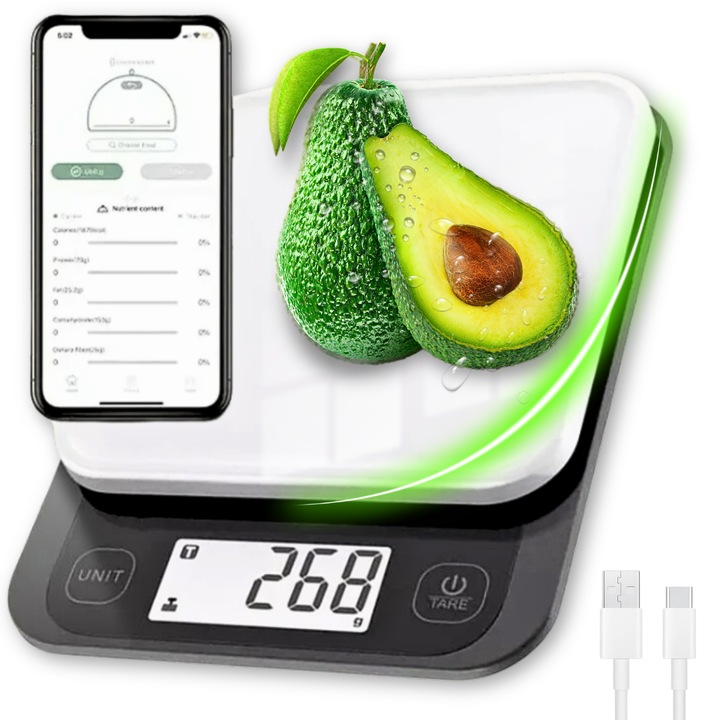 Cantar de Bucatarie Inteligent Lemaro®, Alimentatie Sanatoasa, Control prin Aplicatie IOS/Android, Integrare Apple Health & Fitbit, Alimentatie Sanatoasa, Calculator Calorii, Proteine, Grasimi, Carbohidrati, Colesterol, Alb / Negru