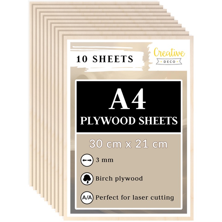 Foi de panouri 10 x A4 Placaj Premium din lemn MDF, Creative Deco, 300 x 210 x 3mm, DIY Perfect pentru gravare cu laser, decorare, modelare, decupate, pirografie