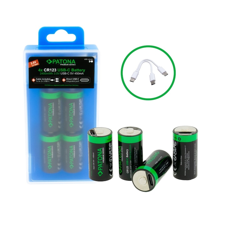 Set 4 acumulatori CR123A Patona Premium USB-C, reincarcabili, descarcare lenta, 800mAh 3.0V, include cablu de incarcare