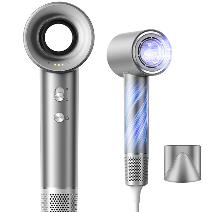 Ultra erős professzionális hajszárító, 1600 W teljesítmény, negatív ionok, 110 000 RPM fordulatszám, 4 hőmérséklet-beállítás, 2 sebesség, intelligens hőérzékelő, precíz hőmérsékletszabályozás, 170 cm-es tápkábel, szürke