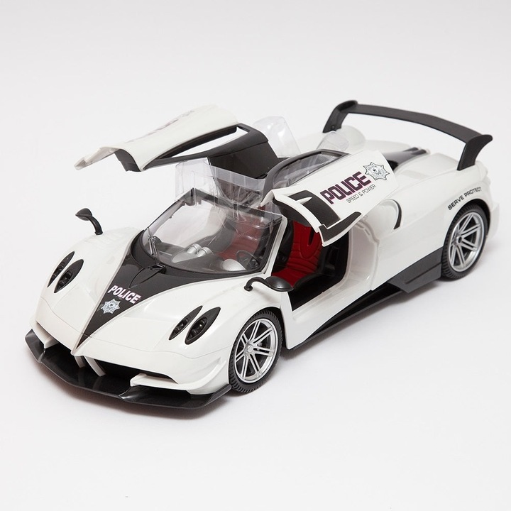 Masina de politie cu telecomanda in forma de volan, lumini si sunete, deschidere usi, pentru copii de 3 ani+, 1:12, alb