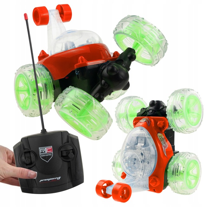 ​Masina de cascadorii cu telecomanda Auto Twister, rosie, rotire 360°, control prin gesturi si telecomanda, lumini LED, anvelope off-road, baterie reincarcabila, ideala pentru copii 6+, jucarie interactiva pentru interior si exterior