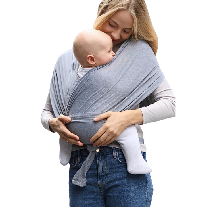Marsupiu ergonomic, Design pentru alaptare, Comod si usor de folosit, Bumbac, Potrivit pentru 0-36 de luni, Suporta 15kg, 0.58M*5.3M, reglabil, marime universala, Gri
