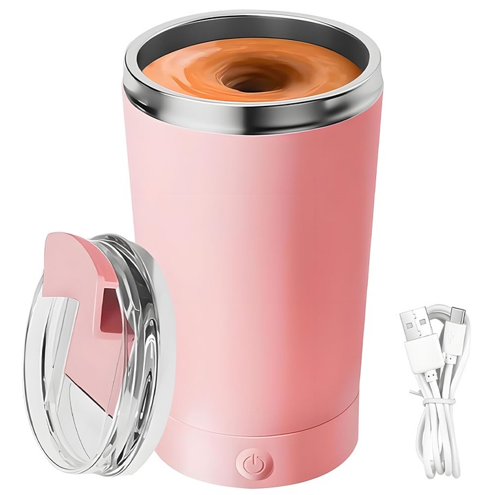 Cana termos cu amestecare automata, inox, 400ml, impermeabila, roz