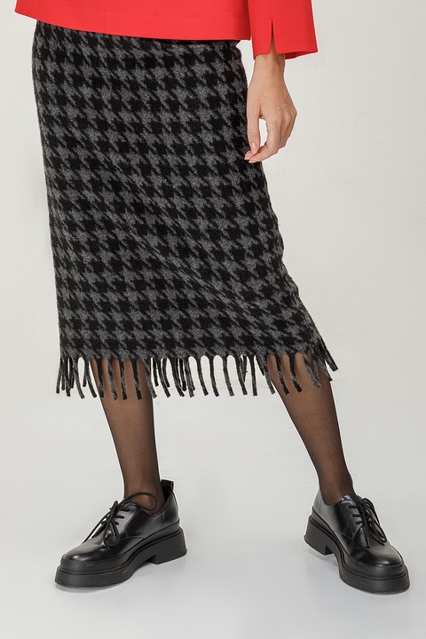 Helmidge, Fusta cu model in carouri si franjuri, Negru/Gri inchis, M