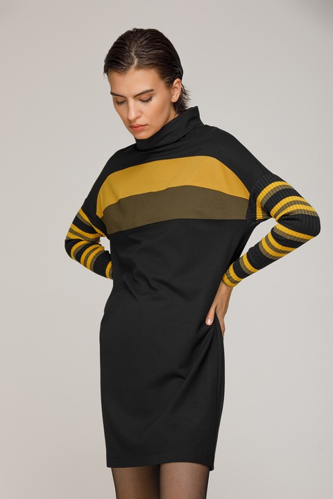 Helmidge, Rochie-pulover cu guler inalt si maneci liliac, Negru/Galben sofran/Kaki, 2XL