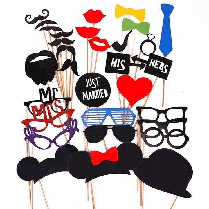 Set 31 de accesorii pentru petrecere, pentru evenimente, Props pentru coltul de poze, Ochelari, Palarii, Mustata, Cravata, Tematica Nunta, Multicolor