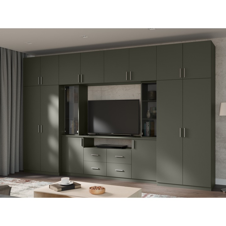 Set Mobilier pentru living, Meblast, Nesto, 380 cm x 240 cm x 54 cm, PAL 18 mm, HDF de 3 mm, PVC 0.8 mm, Gri Grafit