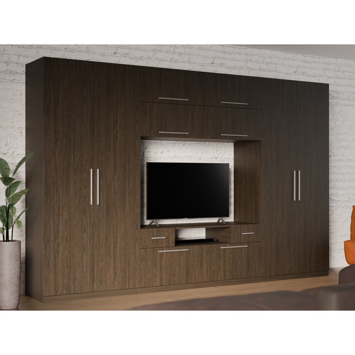 Set Mobilier pentru living, Meblast, Scandi, 350 cm x 227 cm x 53 cm, PAL 18 mm, HDF de 3 mm, PVC 0.8 mm, Stejar Windmill Dark