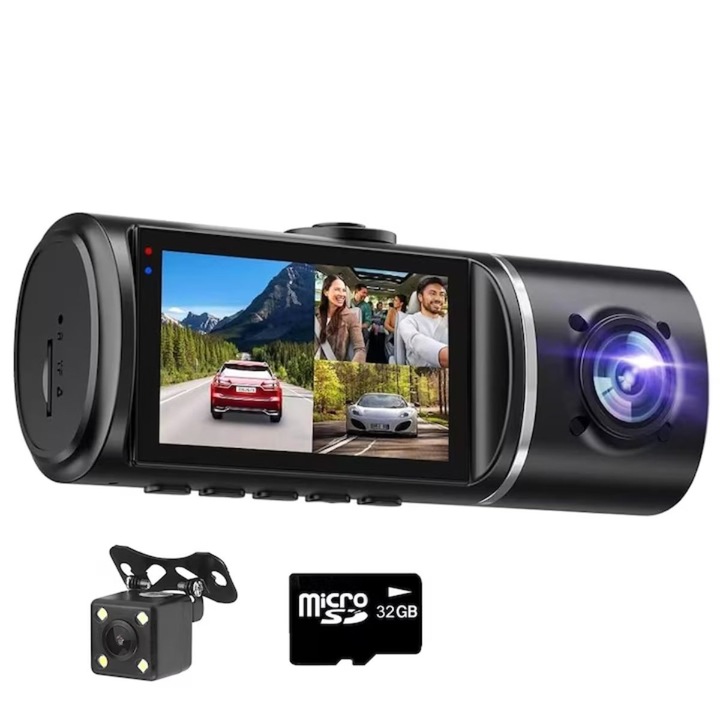 Camera Auto DVR Tripla, Full HD 1080p, Inregistrare Bucla, HDR, Vedere Noaptea, Inregistrare Interior, Camera Marsarier, Monitorizare Parcare, Senzor Coliziune, Card 32GB Inclus, Negru
