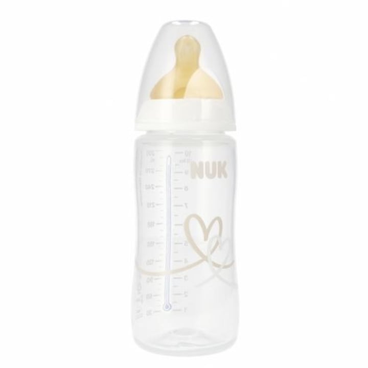 Бебешко шише, с латексов биберон, с индикатор за температура, 300 ml M Nuk First Choice+, 360094, 3-6 месеца, Бяло 3-6 месеца