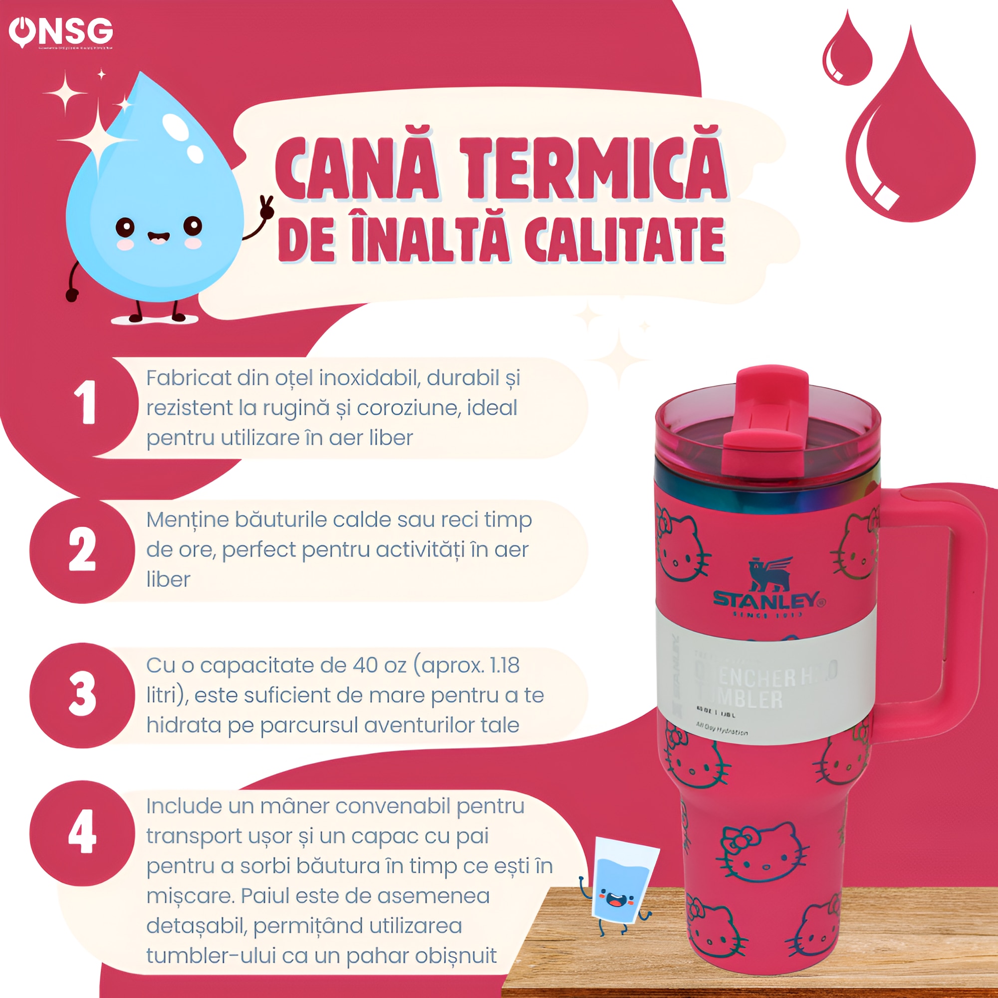Cana Termos Stanley Quencher H2.0 Flowstate Editia Hello Kitty by