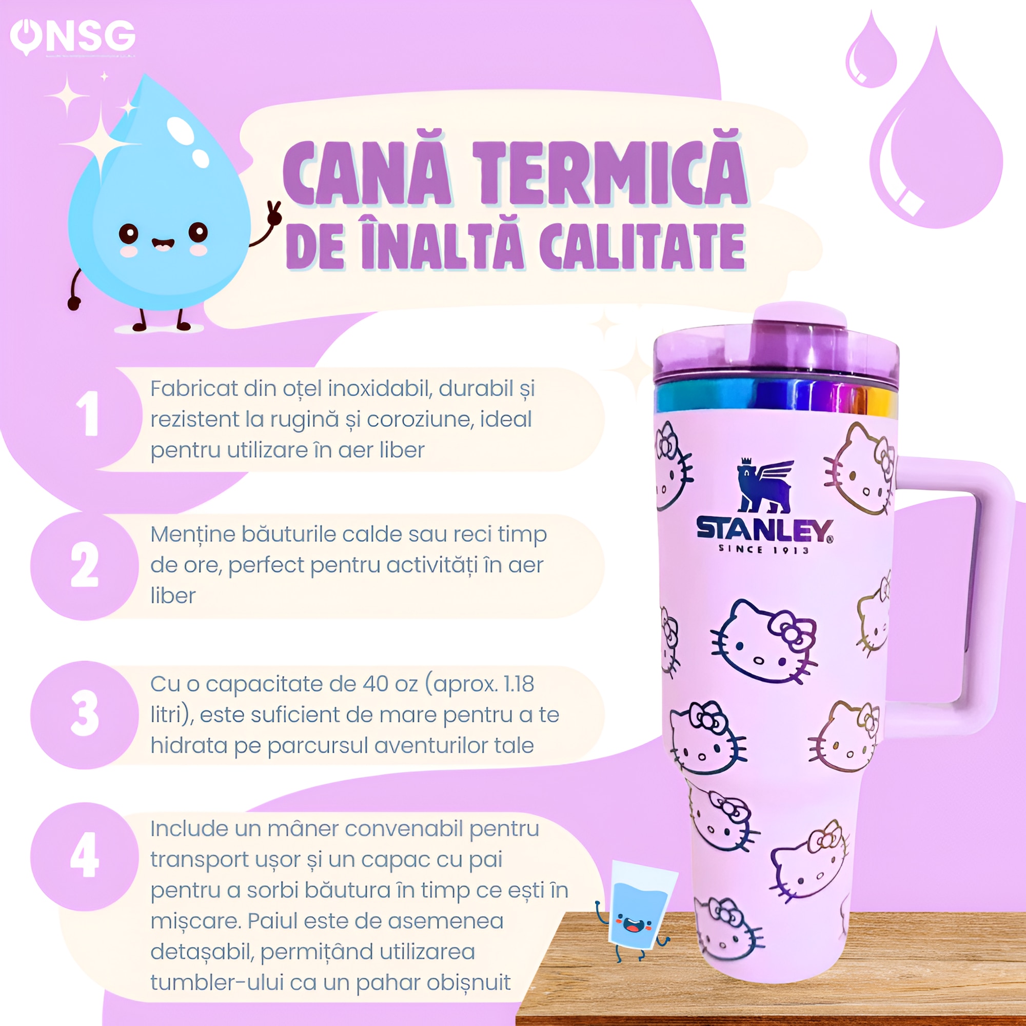 Cana Termos Stanley Quencher H2.0 Flowstate Editia Hello Kitty by