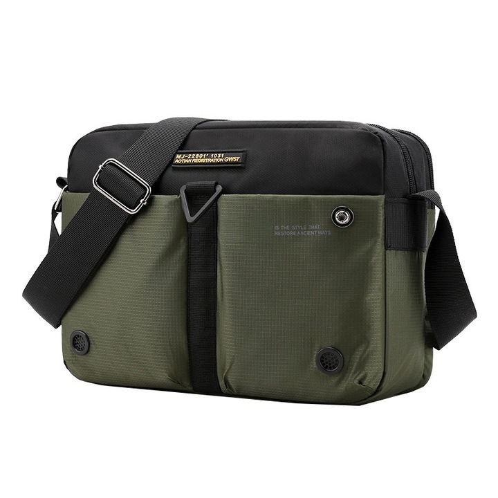 Férfi crossbody táska, 5 rekeszes, Oxford anyagú, közepes zöld színű, méretei 30x17x5cm