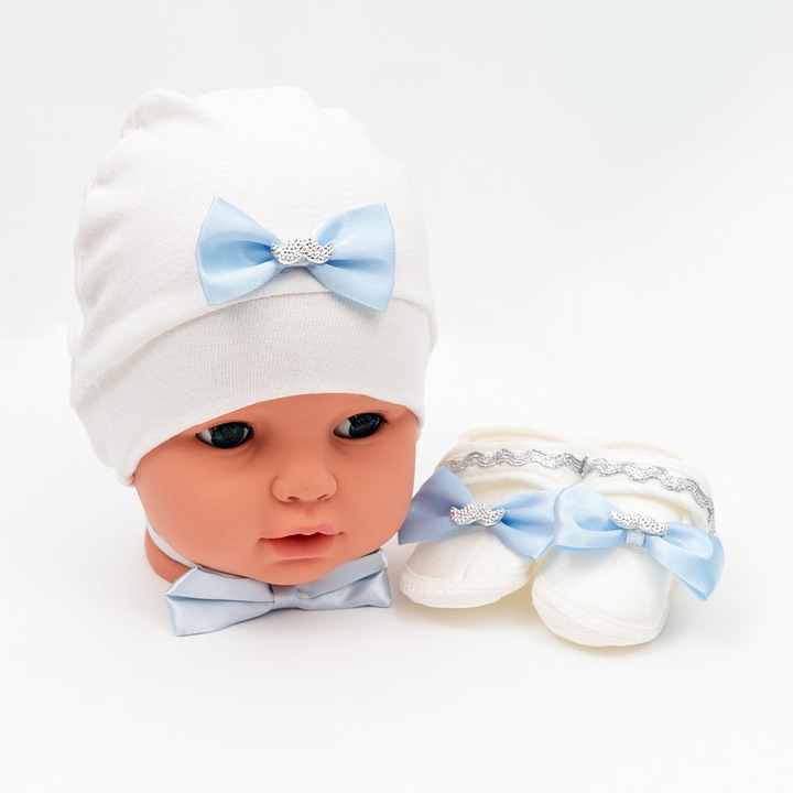 Set 3 piese bebe botosei cu arici, papion si caciulita, Motat, Albastru, 0 luni