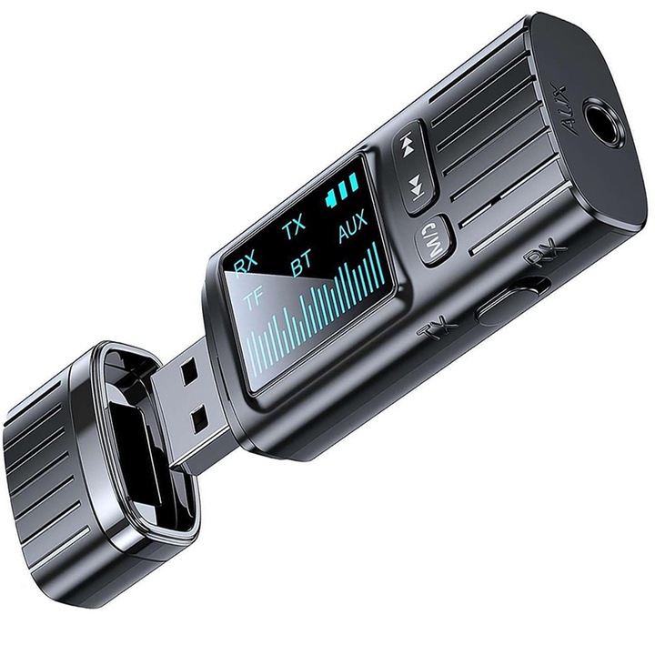 Адаптер 2 в 1, безжичен, аудио, Bluetooth 5.4, 3.5 мм жак, черен