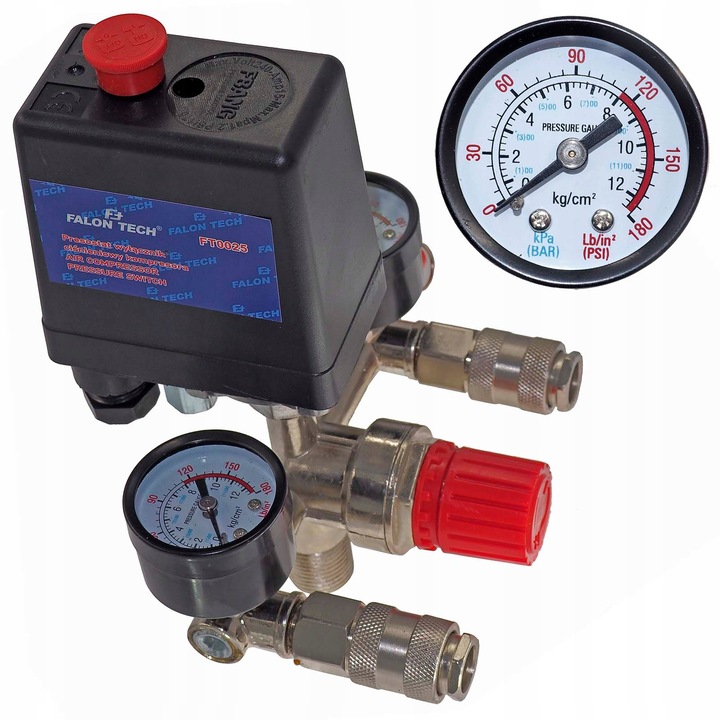 Presostat, Falon-Tech 230V, 6-8bar, 2-12bar, cu manometru, pentru compresoare 24l si 50l