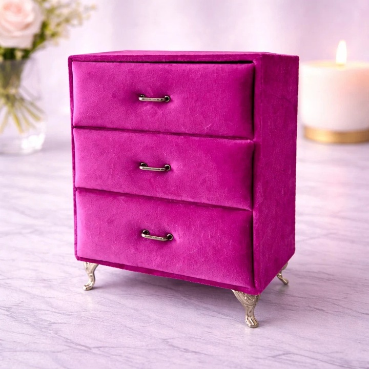 Suport bijuterii sub forma de mobilier, Dulap cu 3 sertare, Fucsia, 20x15cm, Velve