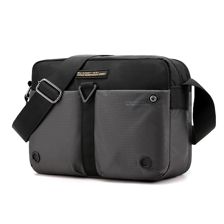 Geanta crossbody barbati, 5 compartimente, material Oxford, dimensiuni 30x17x5cm, gri