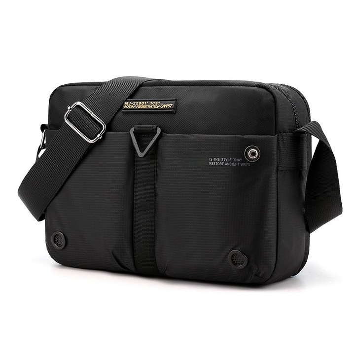 Geanta crossbody barbati, 5 compartimente, material Oxford, dimensiuni 30x17x5cm, negru