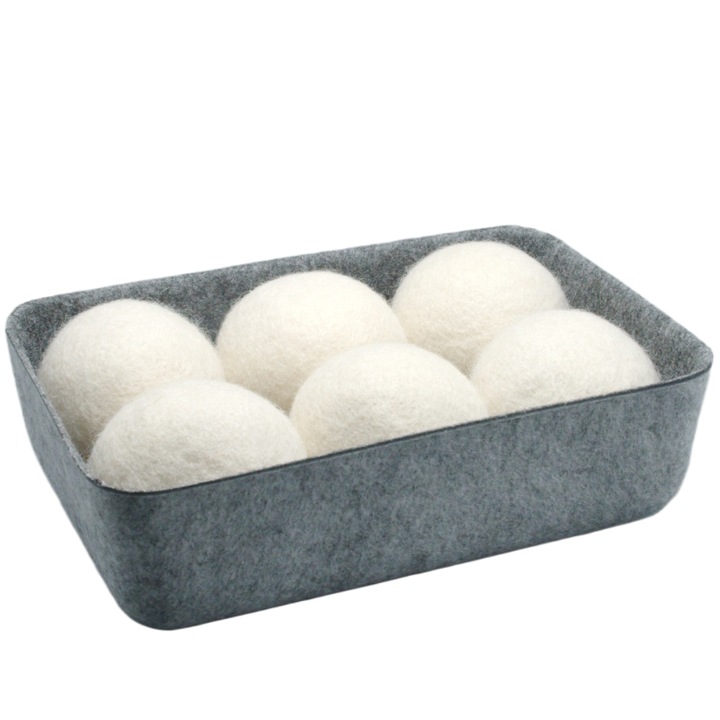 Set 6 Bile pentru Uscator de Rufe, Lana, Cos din Fetru inclus, 7cm Diametru, Gri | Alb