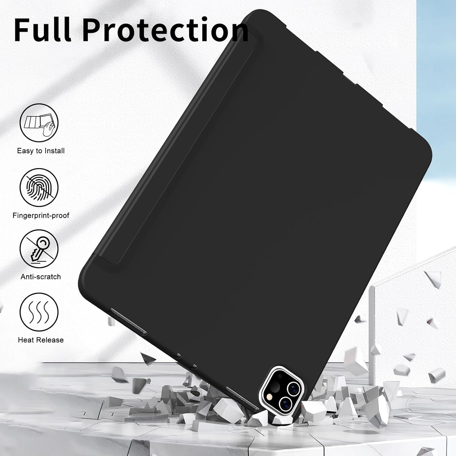 Husa de protectie pentru tableta, potrivita pentru iPad Air 11-inch M2 2024, Pro 11-inch, Air 4 si 5 generatii, functie automata trezire/sleep, Negru