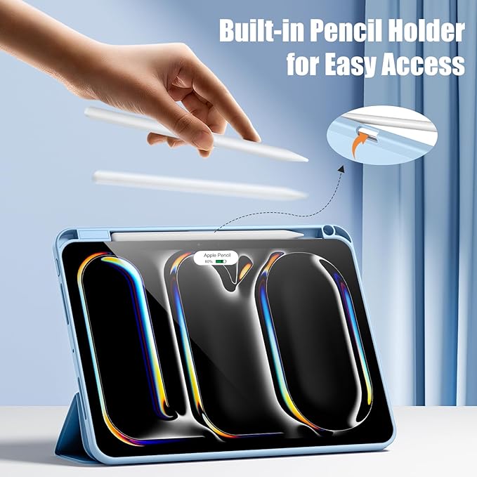 Husa pentru tableta, compatibila cu iPad Pro 11 inchi (M4 a 5-a generatie 2024), cu suport pentru stilou, husa inteligenta, trezire/dormire automata, Albastru deschis