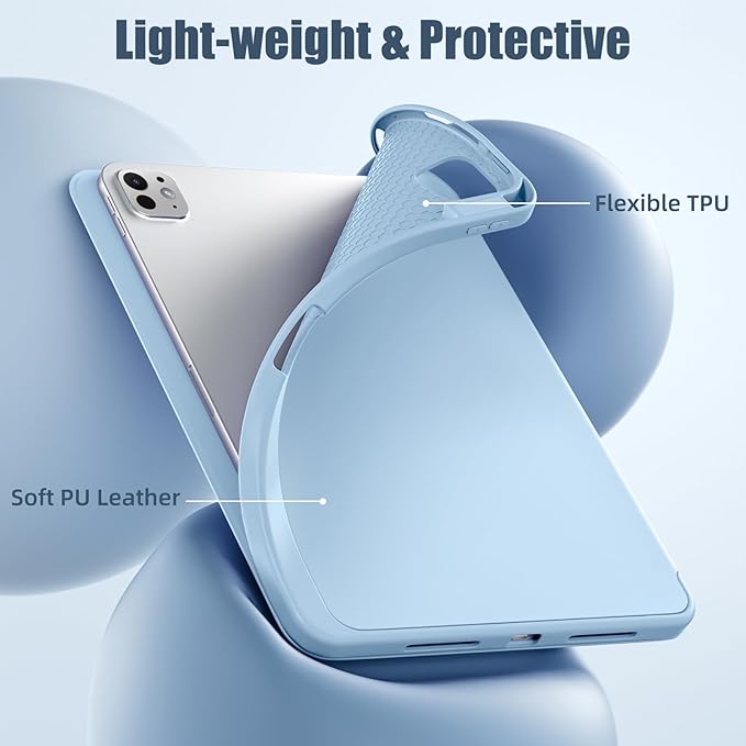 Husa pentru tableta, compatibila cu iPad Pro 11 inchi (M4 a 5-a generatie 2024), cu suport pentru stilou, husa inteligenta, trezire/dormire automata, Albastru deschis