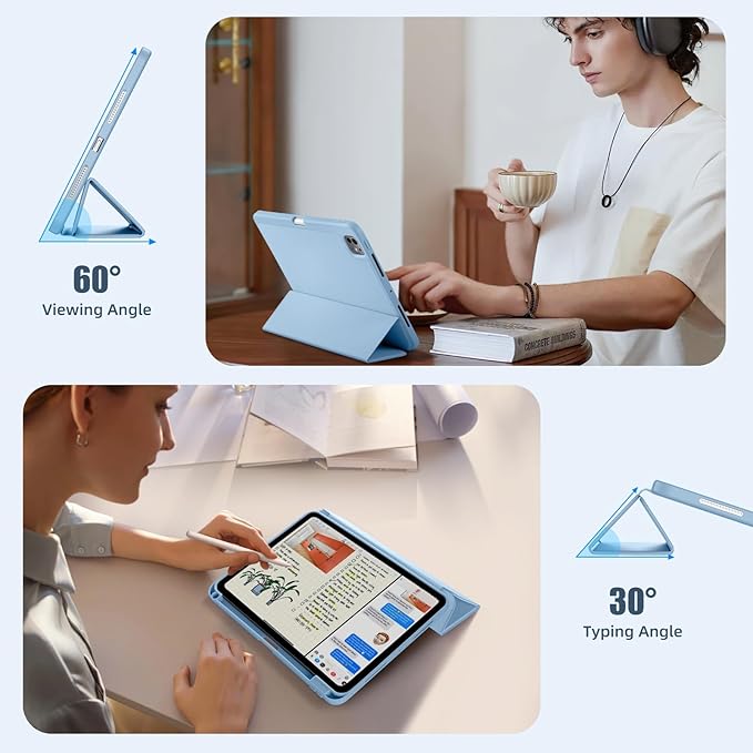 Husa pentru tableta, compatibila cu iPad Pro 11 inchi (M4 a 5-a generatie 2024), cu suport pentru stilou, husa inteligenta, trezire/dormire automata, Albastru deschis