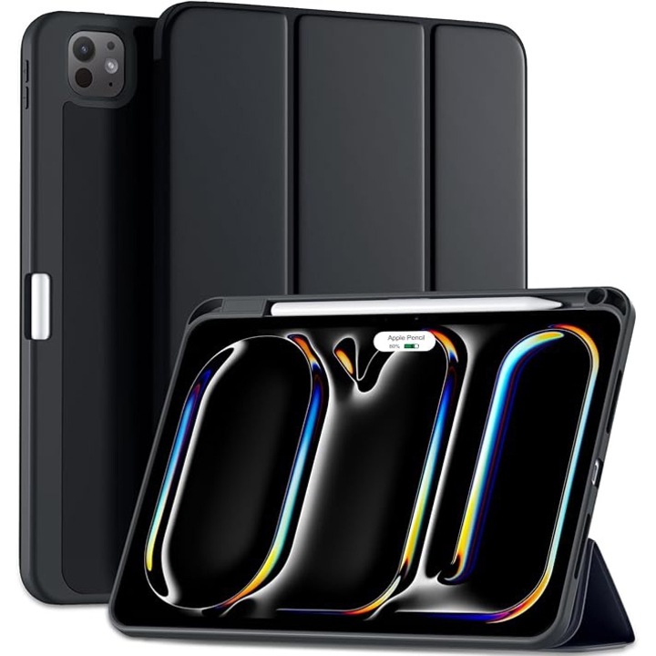 Калъф за таблет, съвместим с iPad Pro 11 инча M4 2024/M5 2025 (6то/5то поколение), С тава за писалки, интелигентно автоматично събуждане/заспиване, Черен