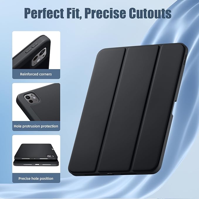 Husa pentru tableta, compatibila cu iPad Pro de 11 inchi M4 2024/M5 2025（6th/5th generatie）, Cu tava pentru stilouri, inteligenta trezire/dormire automata, Negru