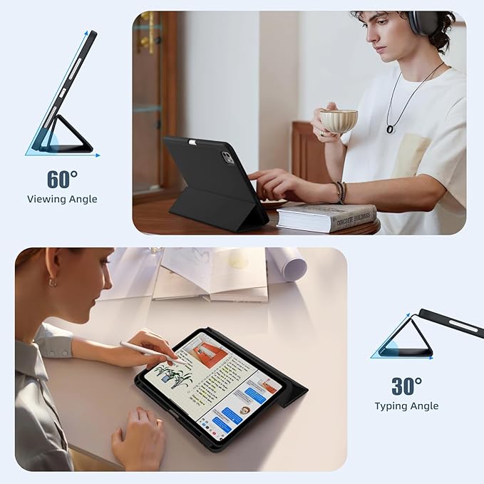 Husa pentru tableta, compatibila cu iPad Pro de 11 inchi M4 2024/M5 2025（6th/5th generatie）, Cu tava pentru stilouri, inteligenta trezire/dormire automata, Negru