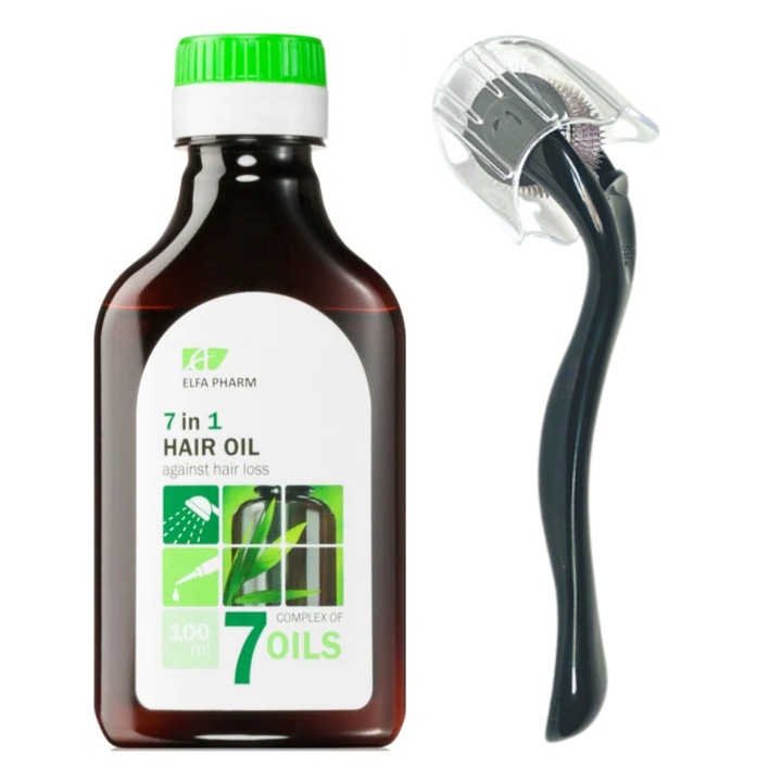 Set Tratament Impotriva Caderii Parului: Ulei Elfa Pharm 7 in 1, Dermaroller 0.5 mm pentru Stimularea Cresterii Parului