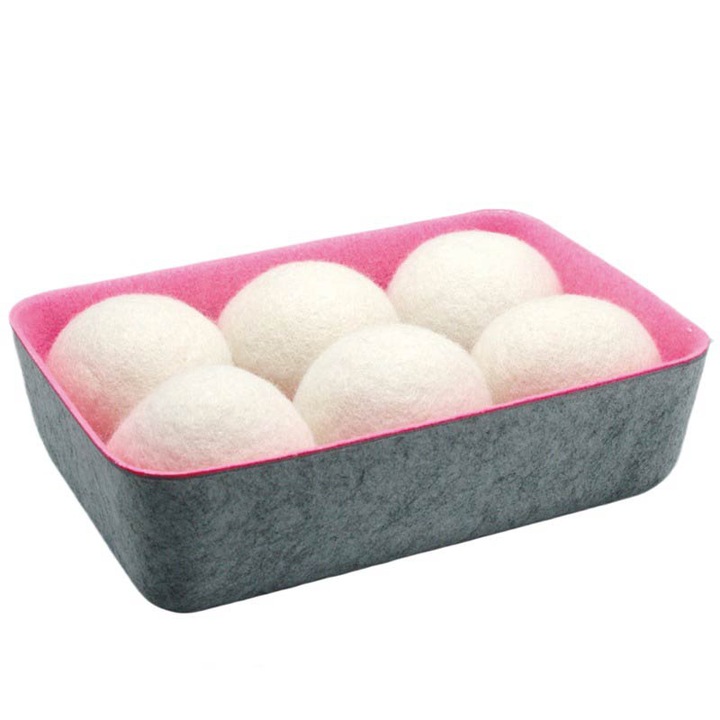 Set 6 Bile pentru Uscator de Rufe, Lana, Cos din Fetru inclus, 7cm Diametru, Roz