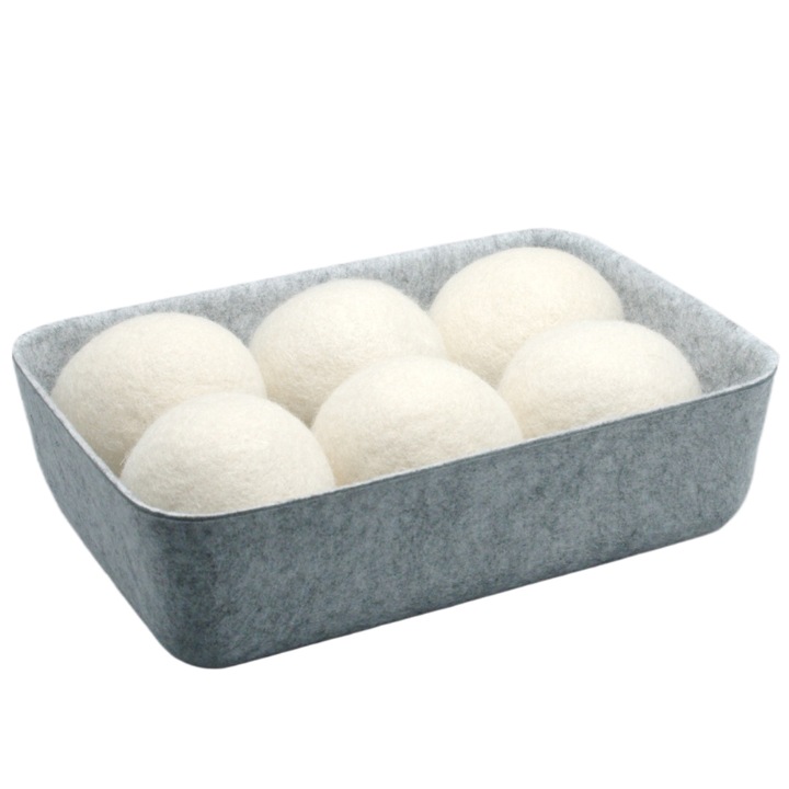 Set 6 Bile pentru Uscator de Rufe, Lana, Cos din Fetru inclus, 7cm Diametru, Gri deschis